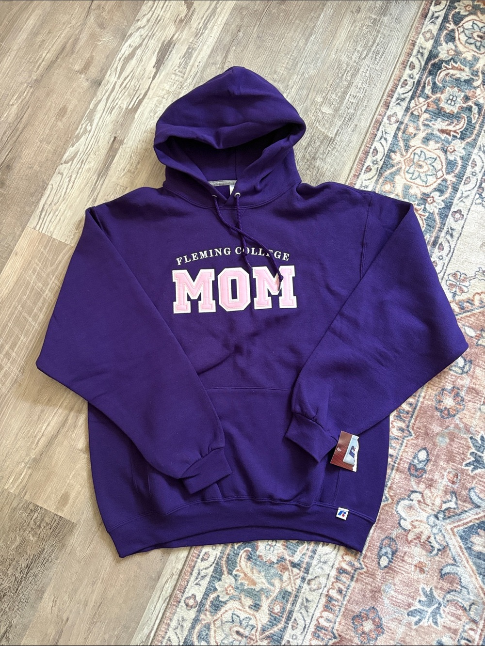 NWT Fleming College MOM Purple Pullover Hoodie Size L PTP 24.5”